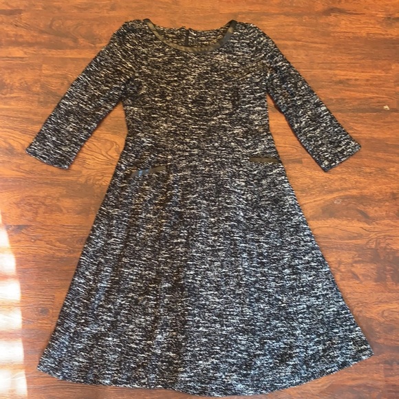 Marled Tweed A-Line Dress black with faux leather trim size 2P - Picture 9 of 14